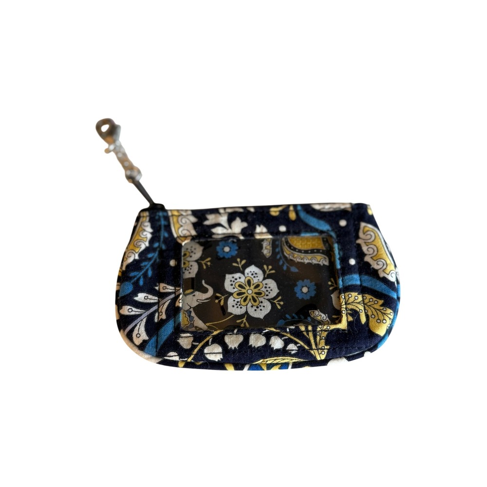 Vera Bradley Zip ID Case OS Navy Blue Yellow Paisley Floral Wallet Keychain